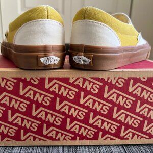 Suede/canvas Yellow & Off-White Vans Slip-On w/ gum soles. New in box w/ tag